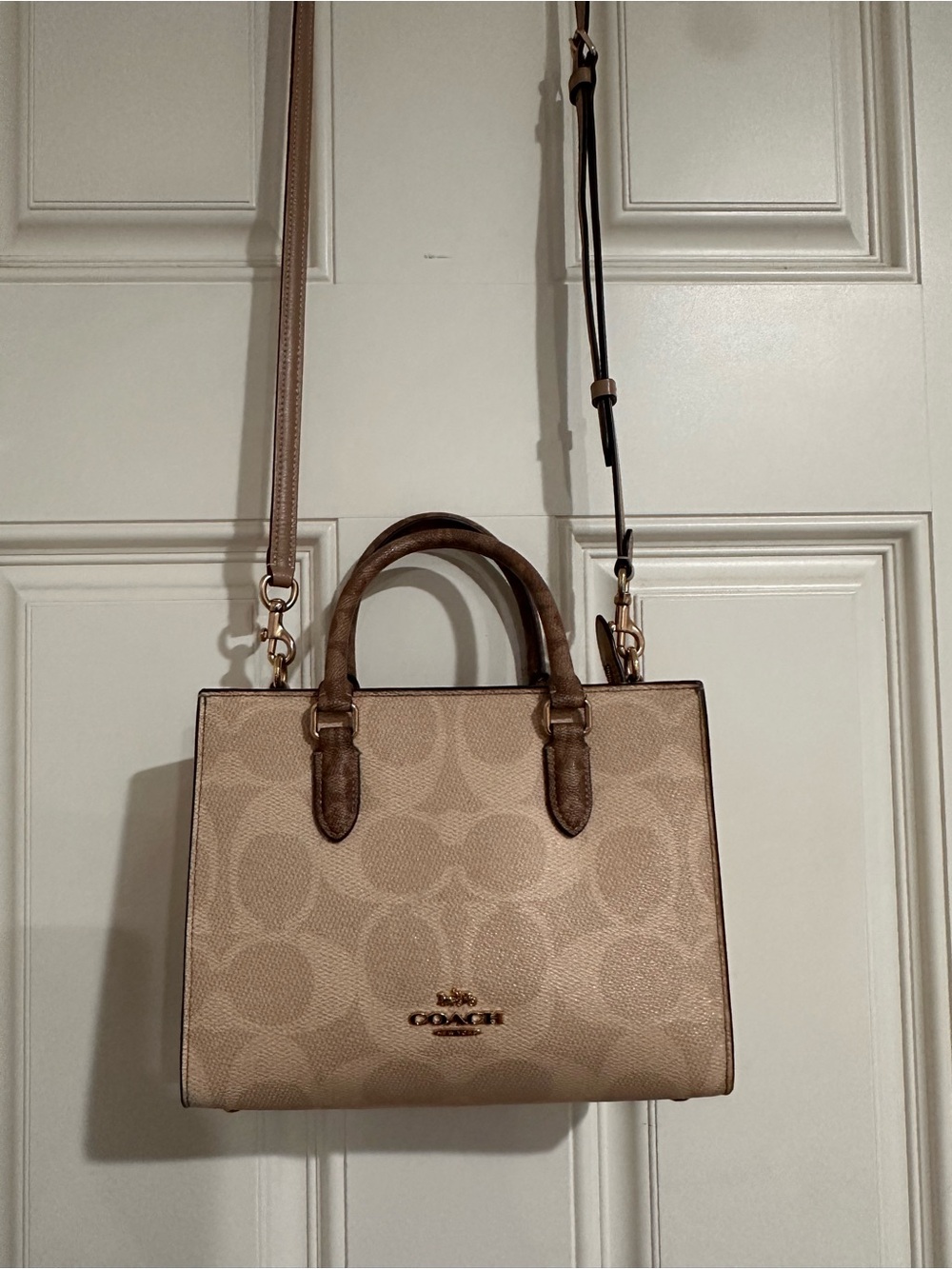 Coach Beige Signature Canvas Satchel with Tan Trim